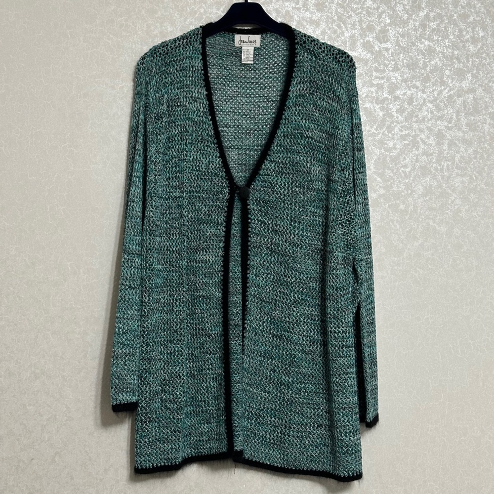Joan Vass Single‎ Button Open Knit Cardigan Sweater Marled Teal Black Classic 2X